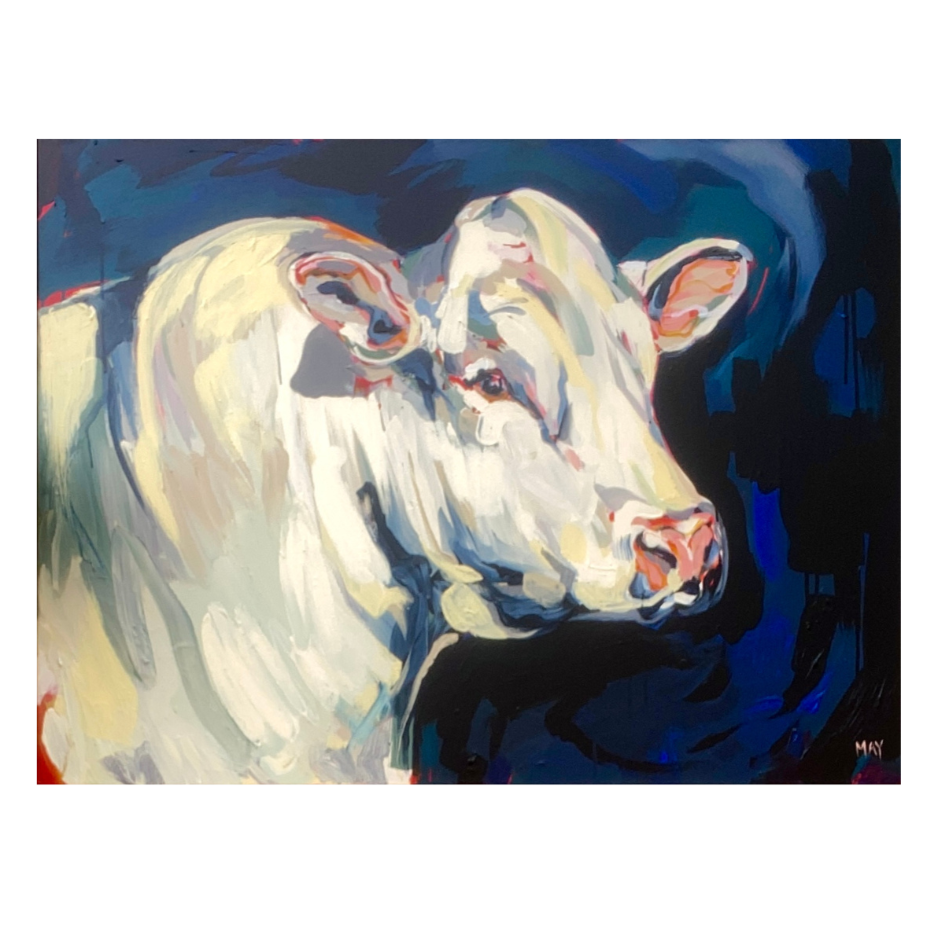 Painting of white Charolais bull on a blue and black abstract background